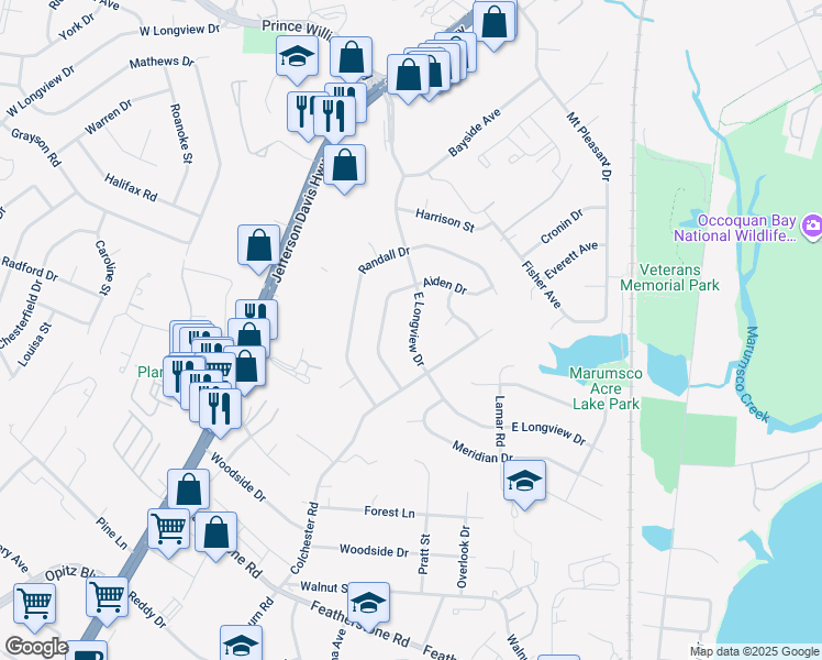 map of restaurants, bars, coffee shops, grocery stores, and more near 1334 East Longview Drive in Woodbridge
