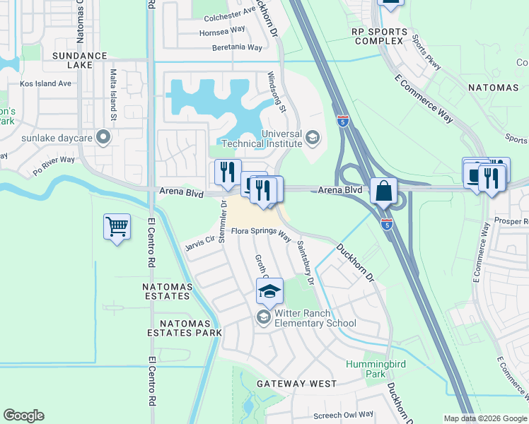 map of restaurants, bars, coffee shops, grocery stores, and more near 3230 Arena Boulevard in Sacramento