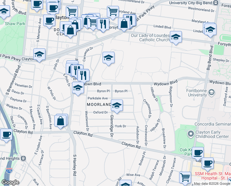 map of restaurants, bars, coffee shops, grocery stores, and more near 7435 Parkdale Avenue in Clayton