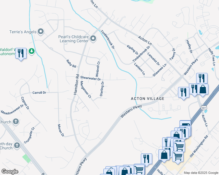 map of restaurants, bars, coffee shops, grocery stores, and more near 11613 Gallinule Court in Waldorf