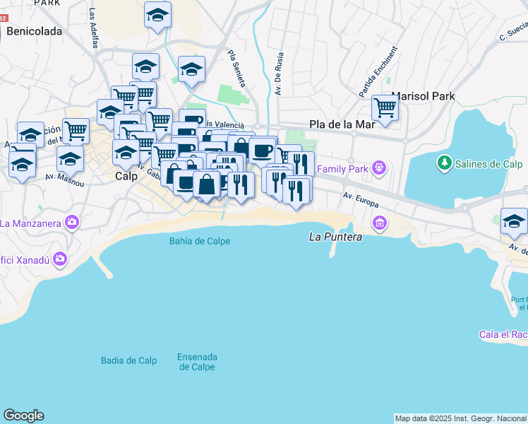 map of restaurants, bars, coffee shops, grocery stores, and more near 12-14 Calle Dinamarca in Calp