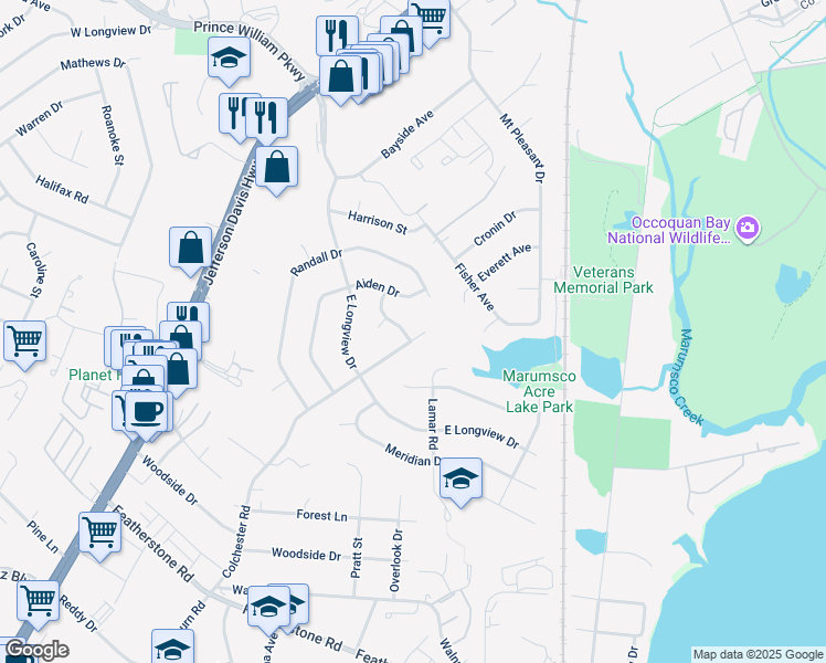 map of restaurants, bars, coffee shops, grocery stores, and more near 1406 Colchester Road in Woodbridge
