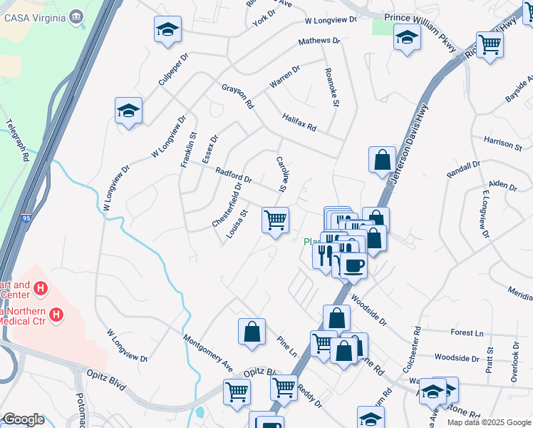 map of restaurants, bars, coffee shops, grocery stores, and more near 14236 Caroline Street in Woodbridge