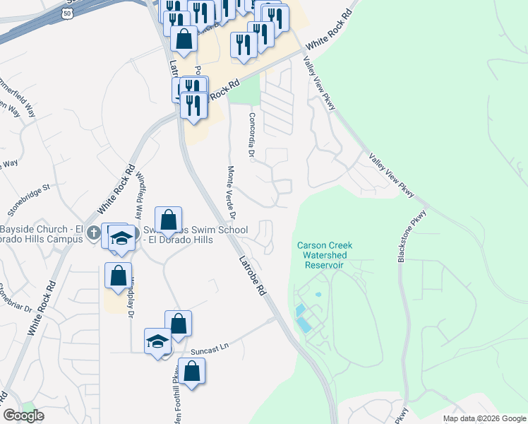 map of restaurants, bars, coffee shops, grocery stores, and more near 4913 Concordia Drive in El Dorado Hills