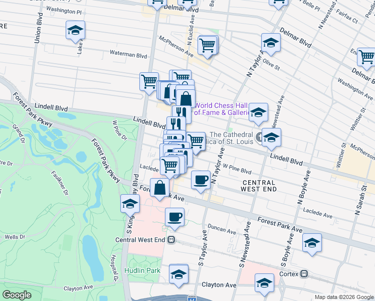map of restaurants, bars, coffee shops, grocery stores, and more near 4567 West Pine Boulevard in St. Louis