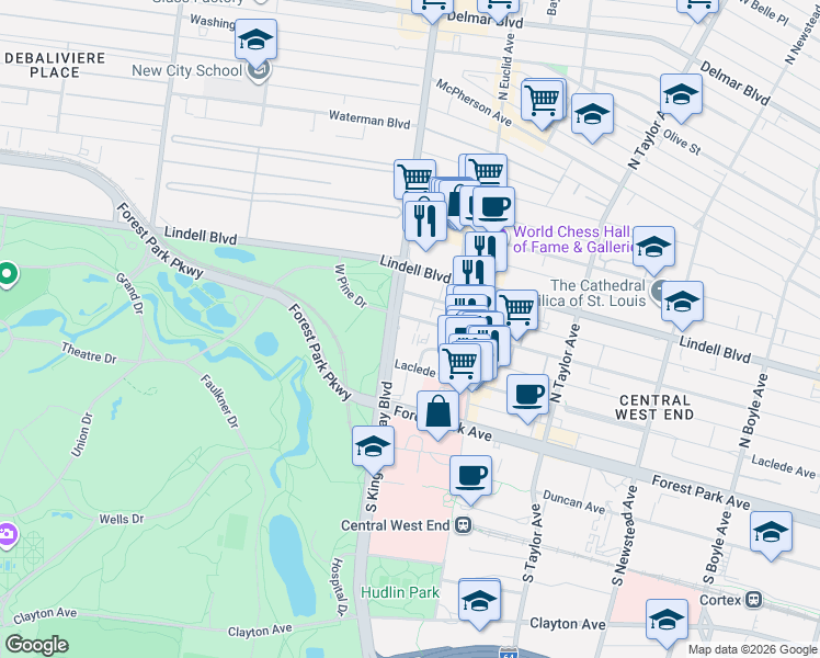map of restaurants, bars, coffee shops, grocery stores, and more near 40 North Kingshighway Boulevard in St. Louis