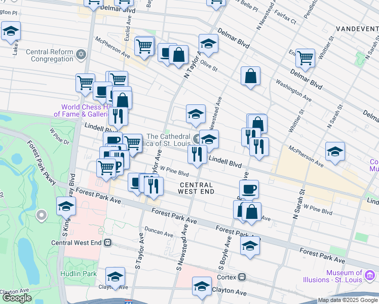 map of restaurants, bars, coffee shops, grocery stores, and more near Lindell Boulevard in St. Louis