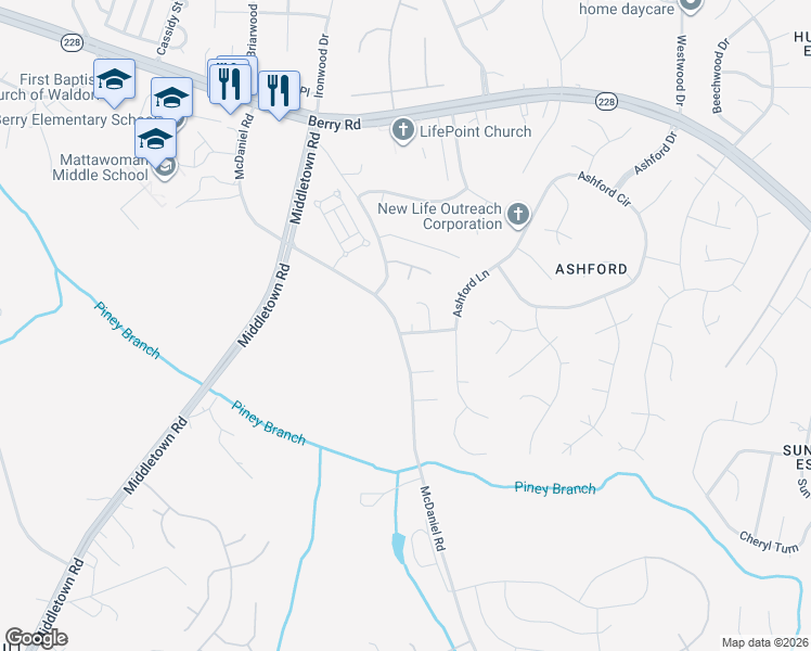 map of restaurants, bars, coffee shops, grocery stores, and more near 10390 Hallmark Lane in Waldorf