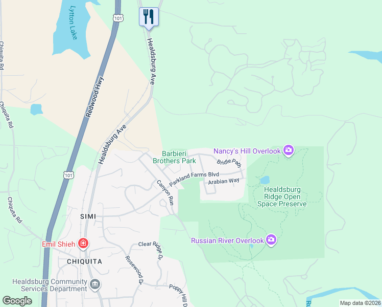 map of restaurants, bars, coffee shops, grocery stores, and more near 1711 Latigo Lane in Healdsburg