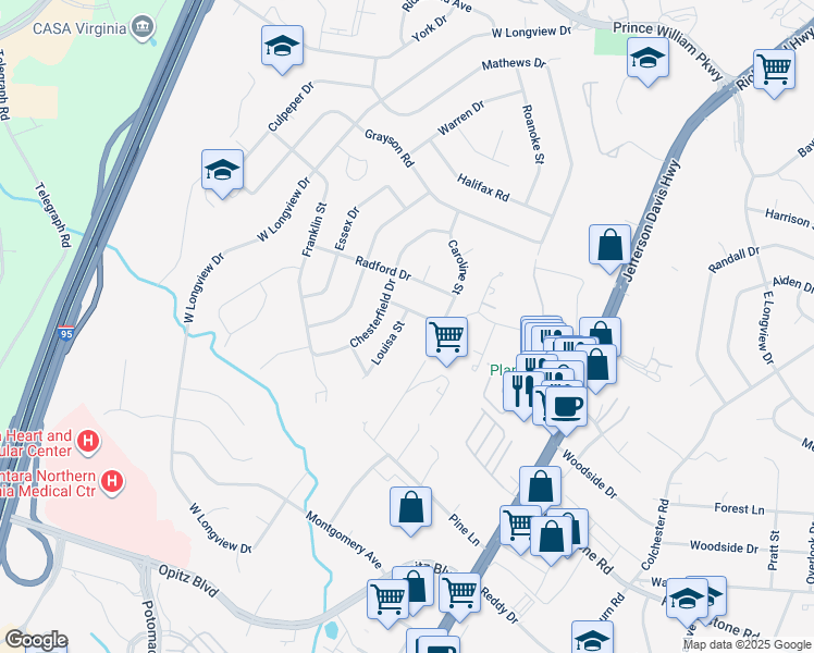map of restaurants, bars, coffee shops, grocery stores, and more near 14303 Louisa Street in Woodbridge