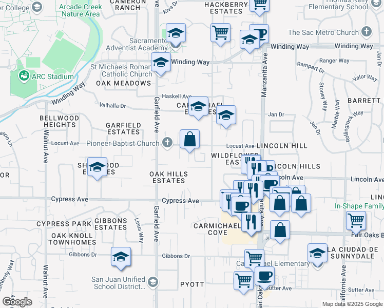map of restaurants, bars, coffee shops, grocery stores, and more near 5617 Vall Court in Carmichael