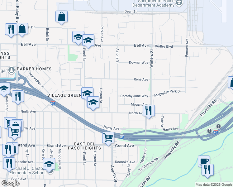 map of restaurants, bars, coffee shops, grocery stores, and more near 4042 Barbara Street in Sacramento