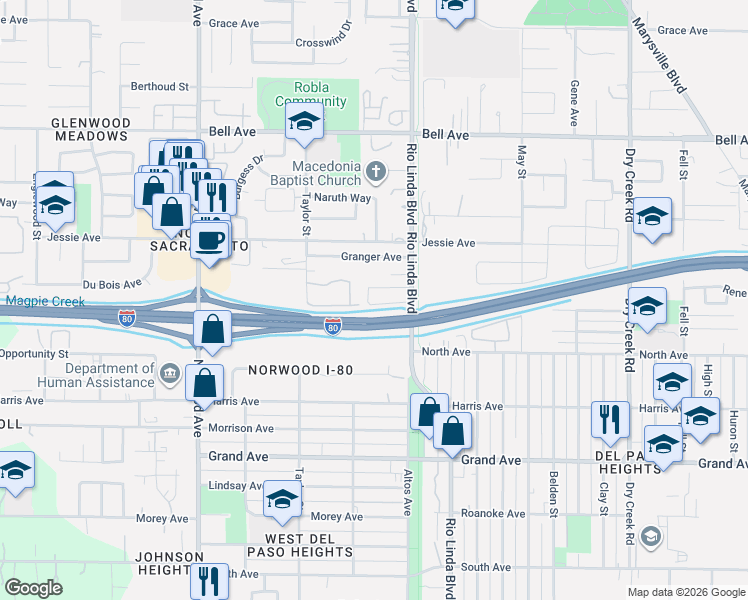 map of restaurants, bars, coffee shops, grocery stores, and more near 4039 Rio Linda Boulevard in Sacramento