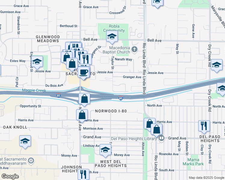 map of restaurants, bars, coffee shops, grocery stores, and more near 4044 Taylor Street in Sacramento