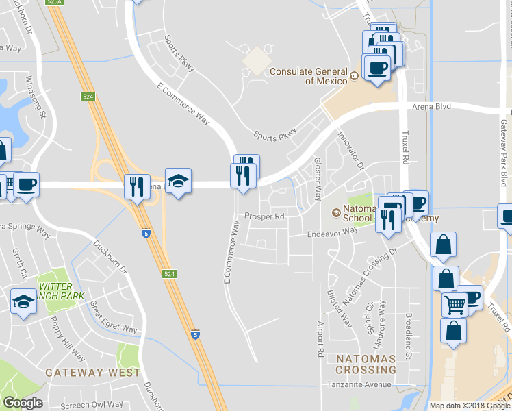 map of restaurants, bars, coffee shops, grocery stores, and more near 2552 Prosper Road in Sacramento