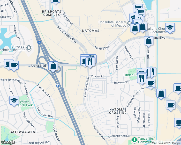 map of restaurants, bars, coffee shops, grocery stores, and more near 3980 East Commerce Way in Sacramento