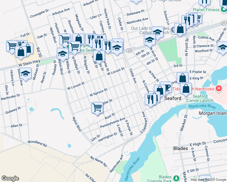 map of restaurants, bars, coffee shops, grocery stores, and more near 314 North Porter Street in Seaford