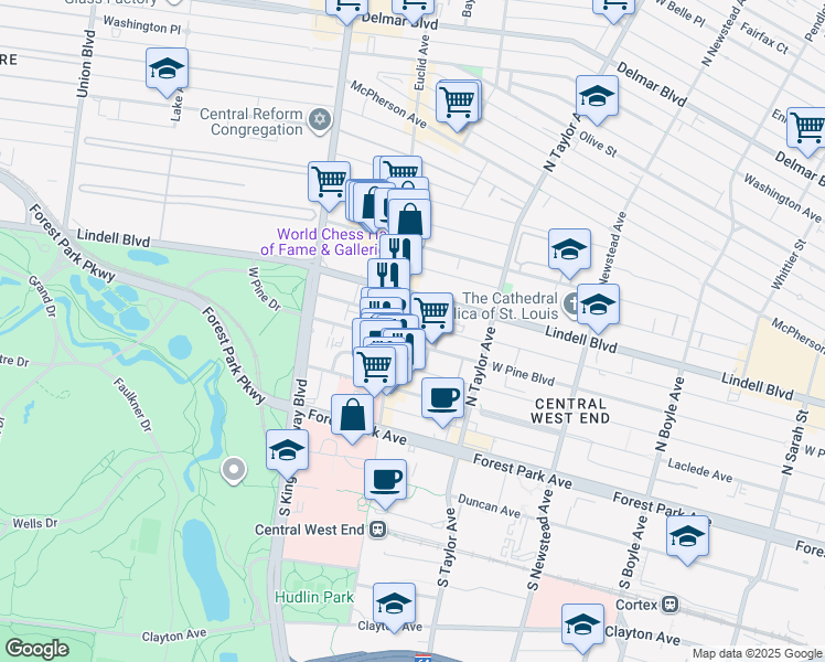 map of restaurants, bars, coffee shops, grocery stores, and more near 4555 West Pine Boulevard in St. Louis