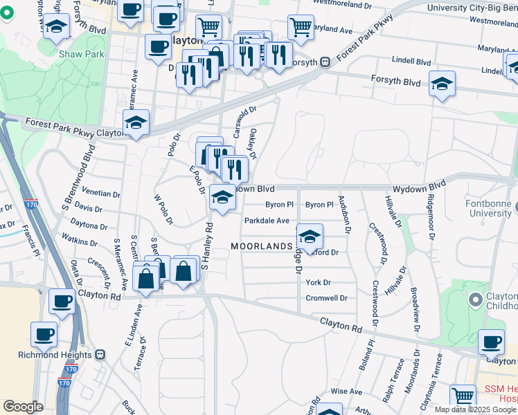 map of restaurants, bars, coffee shops, grocery stores, and more near 7537 Parkdale Avenue in Clayton