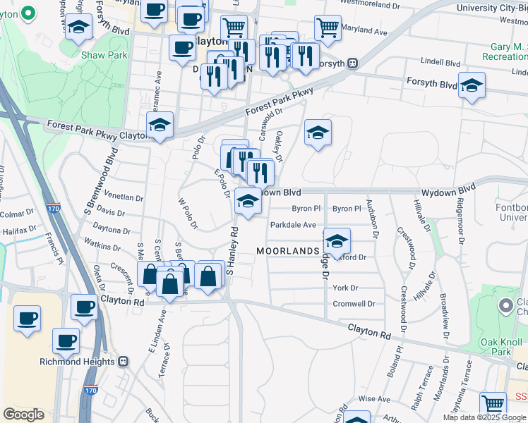 map of restaurants, bars, coffee shops, grocery stores, and more near 7575 Parkdale Avenue in Clayton