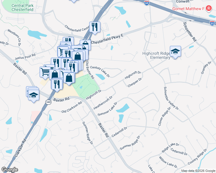 map of restaurants, bars, coffee shops, grocery stores, and more near 15608 Highcroft Drive in Chesterfield