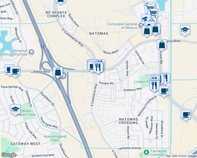 map of restaurants, bars, coffee shops, grocery stores, and more near 3980 East Commerce Way in Sacramento
