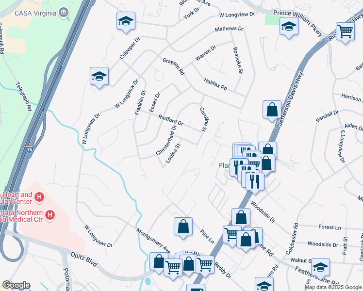 map of restaurants, bars, coffee shops, grocery stores, and more near 14303 Louisa Street in Woodbridge