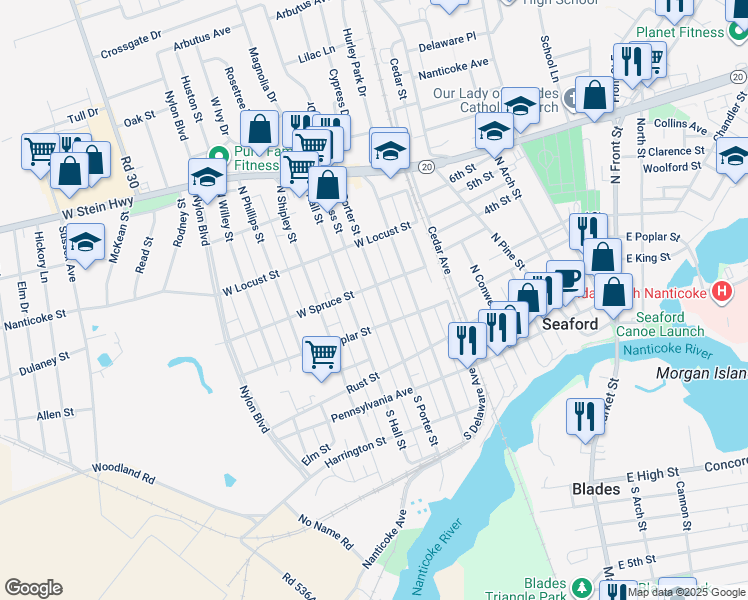map of restaurants, bars, coffee shops, grocery stores, and more near 314 North Porter Street in Seaford