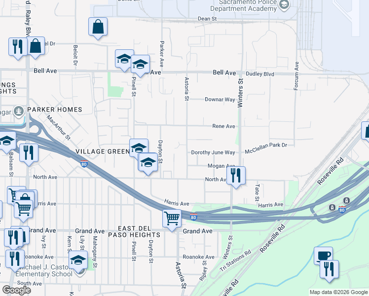 map of restaurants, bars, coffee shops, grocery stores, and more near 4042 Barbara Street in Sacramento