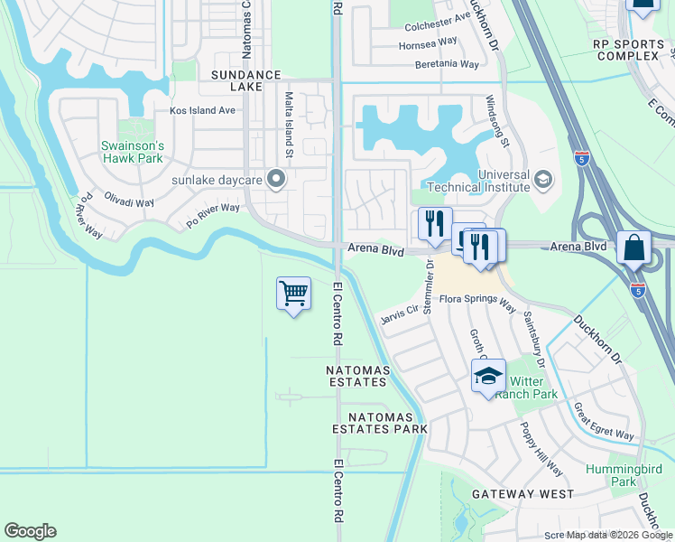 map of restaurants, bars, coffee shops, grocery stores, and more near El Centro Road in Sacramento