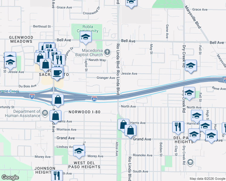 map of restaurants, bars, coffee shops, grocery stores, and more near 4039 Rio Linda Boulevard in Sacramento