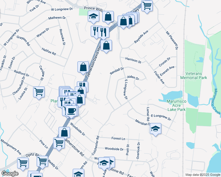 map of restaurants, bars, coffee shops, grocery stores, and more near 14307 Randall Drive in Woodbridge