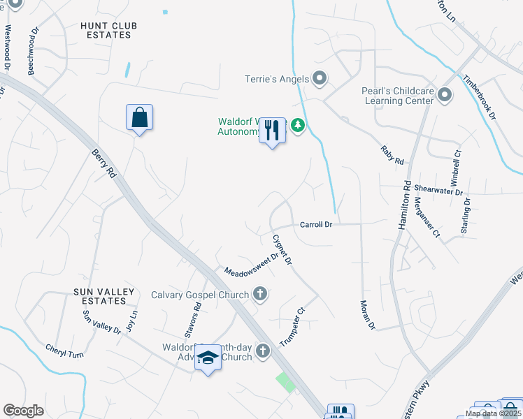 map of restaurants, bars, coffee shops, grocery stores, and more near 2485 Ryce Drive in Waldorf