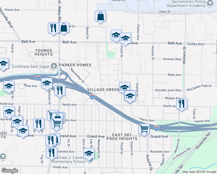 map of restaurants, bars, coffee shops, grocery stores, and more near 237 Majestic Lane in Sacramento