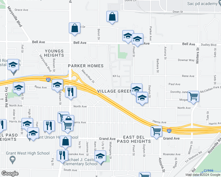 map of restaurants, bars, coffee shops, grocery stores, and more near 204 Wainwright Court in Sacramento