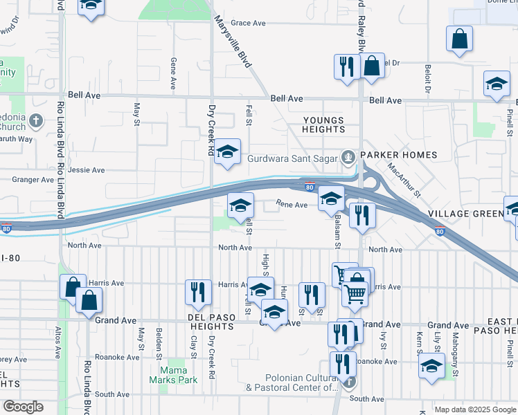 map of restaurants, bars, coffee shops, grocery stores, and more near 1329 Stephanie Avenue in Sacramento