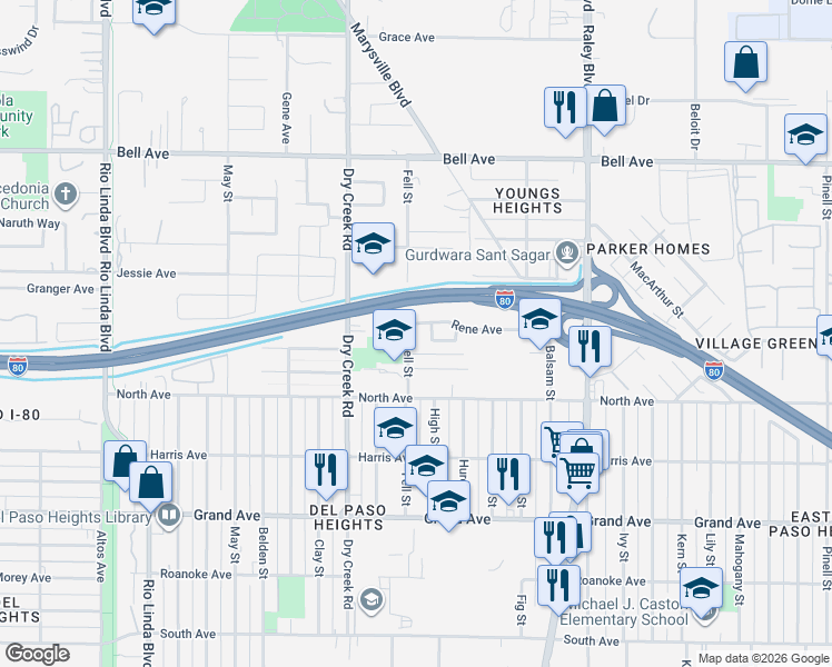 map of restaurants, bars, coffee shops, grocery stores, and more near 1329 Stephanie Avenue in Sacramento