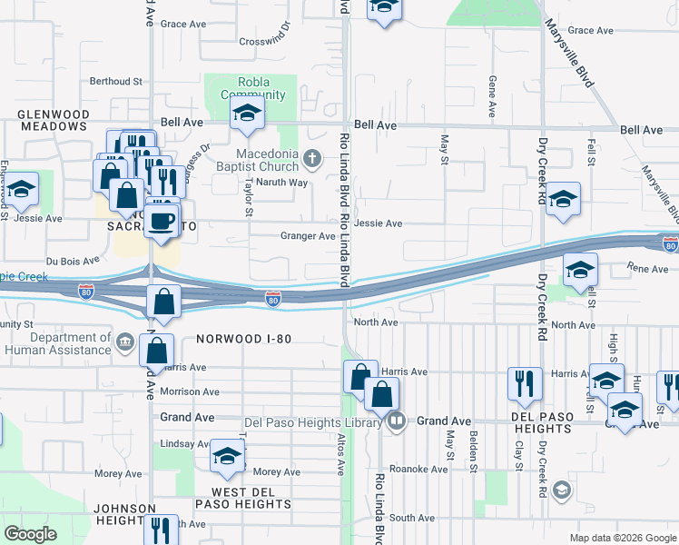 map of restaurants, bars, coffee shops, grocery stores, and more near 752 Ephesus Avenue in Sacramento