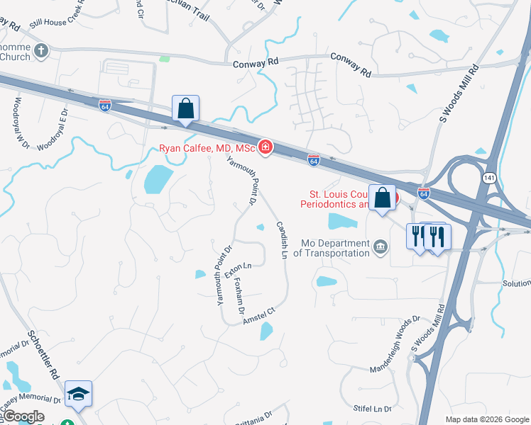 map of restaurants, bars, coffee shops, grocery stores, and more near 1535 Candish Lane in Chesterfield