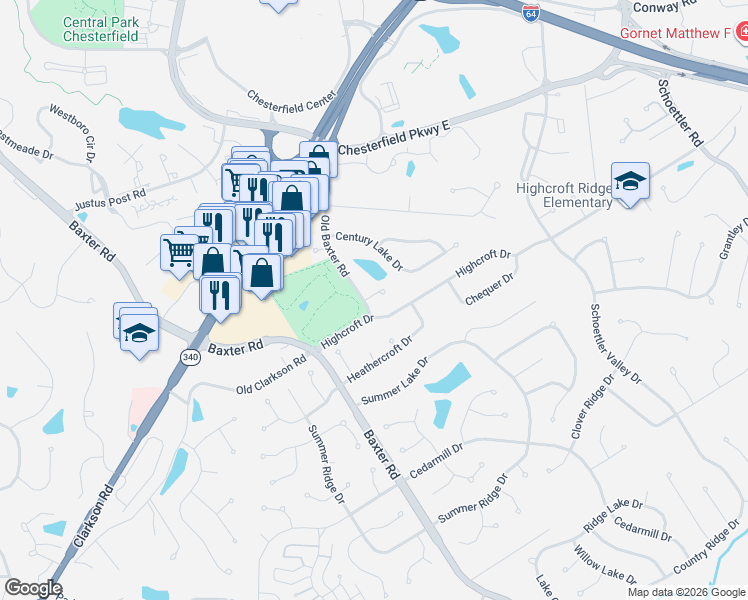 map of restaurants, bars, coffee shops, grocery stores, and more near 15641 Highcroft Drive in Chesterfield