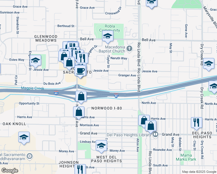map of restaurants, bars, coffee shops, grocery stores, and more near 4044 Taylor Street in Sacramento
