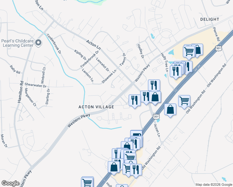 map of restaurants, bars, coffee shops, grocery stores, and more near 8 Meadow Place in Waldorf