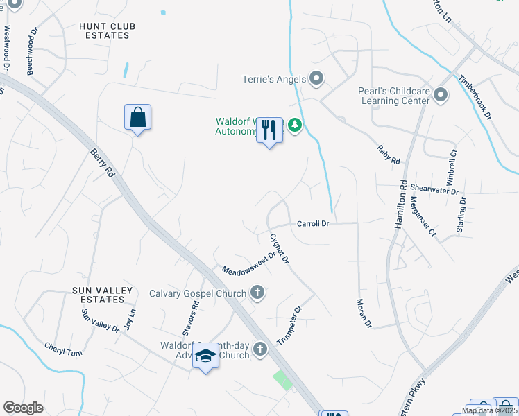 map of restaurants, bars, coffee shops, grocery stores, and more near 2485 Ryce Drive in Waldorf