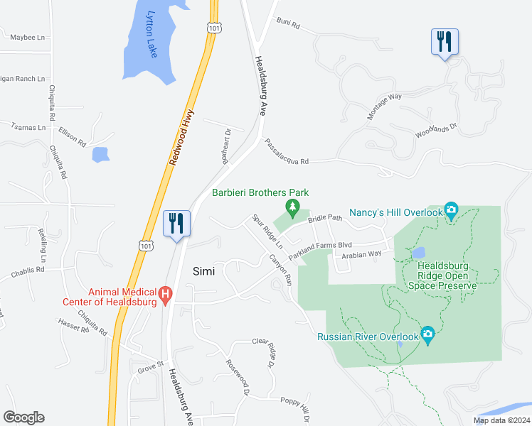 map of restaurants, bars, coffee shops, grocery stores, and more near 325 Bridle Path in Healdsburg
