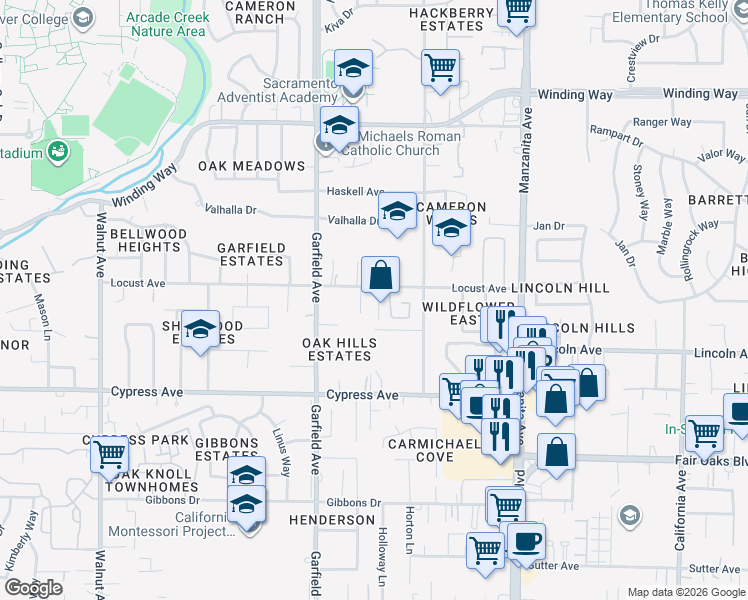 map of restaurants, bars, coffee shops, grocery stores, and more near 224 Younger Way in Carmichael