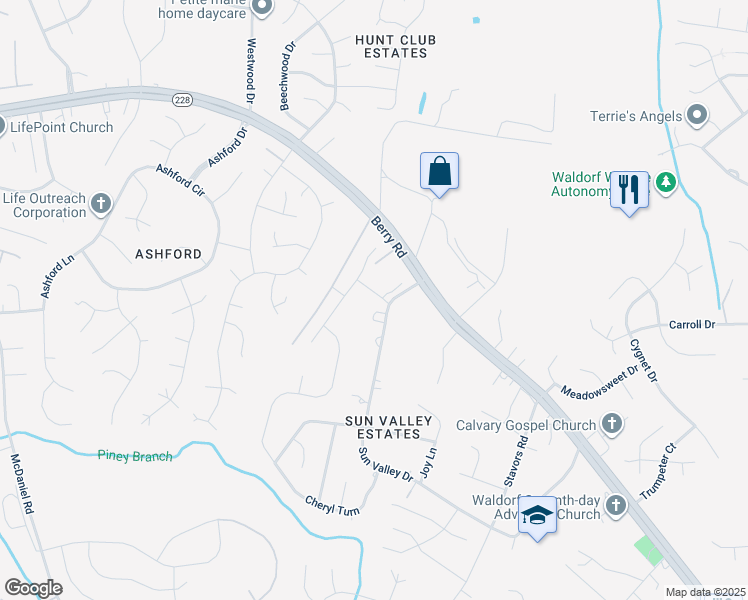 map of restaurants, bars, coffee shops, grocery stores, and more near 10602 Starfire Lane in Waldorf