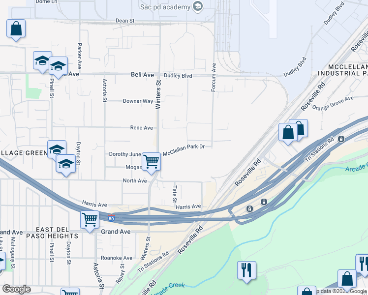 map of restaurants, bars, coffee shops, grocery stores, and more near McClellan Park Drive in North Highlands