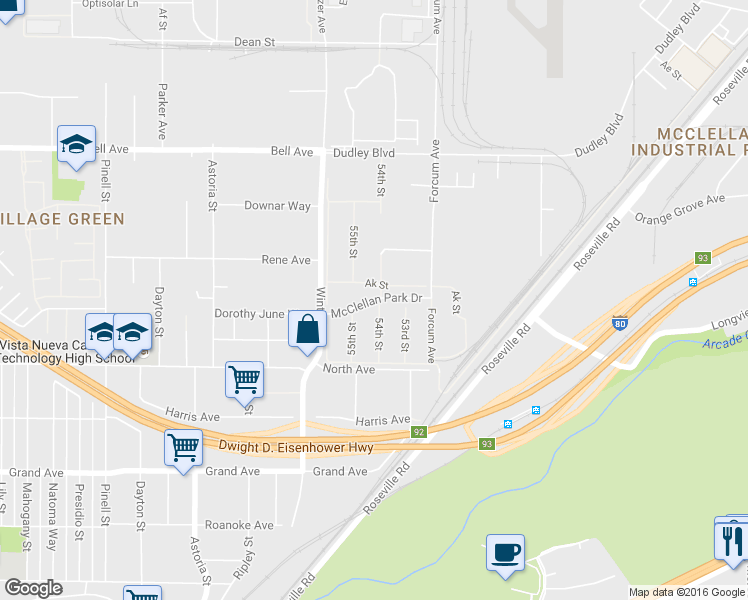 map of restaurants, bars, coffee shops, grocery stores, and more near McClellan Park Drive in North Highlands