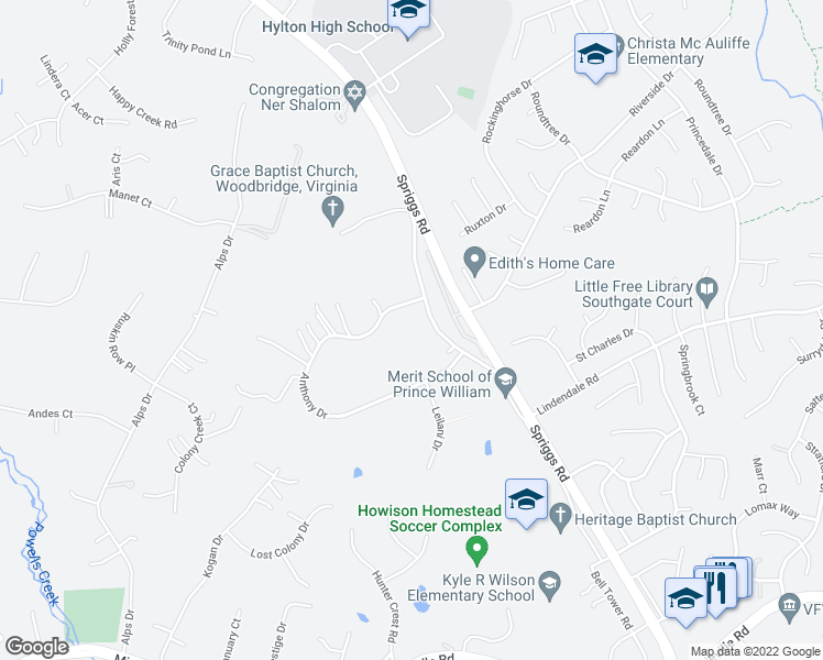 map of restaurants, bars, coffee shops, grocery stores, and more near 14264 Spriggs Branch Lane in Woodbridge