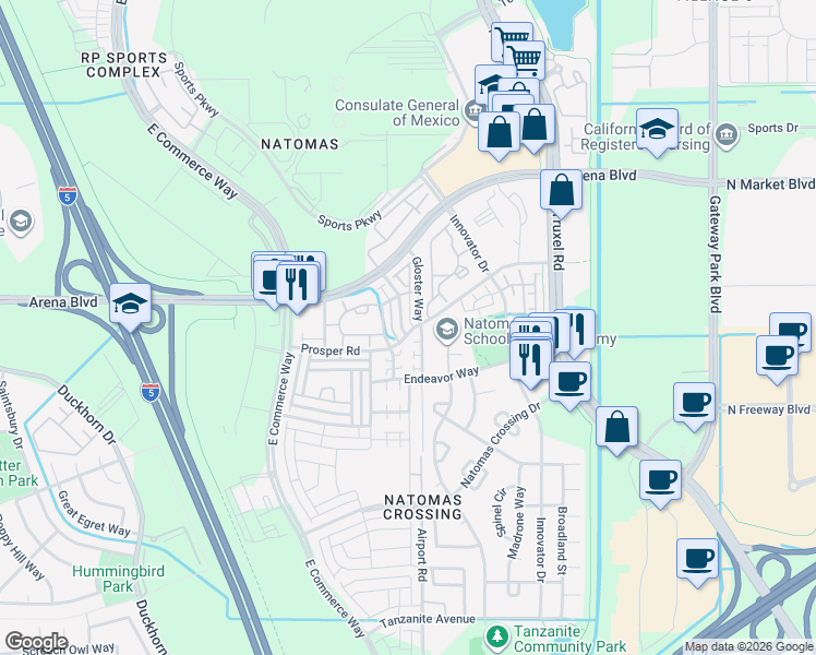 map of restaurants, bars, coffee shops, grocery stores, and more near 4060 Beechcraft Way in Sacramento